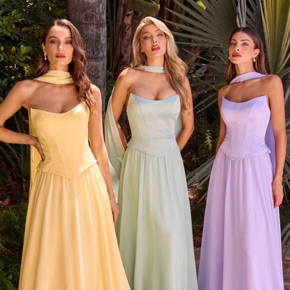 New LT Yellow Strapless A-Line Bridesmaid Chiffon Dress w/ Matching Scarf CD386 - Picture 4 of 9